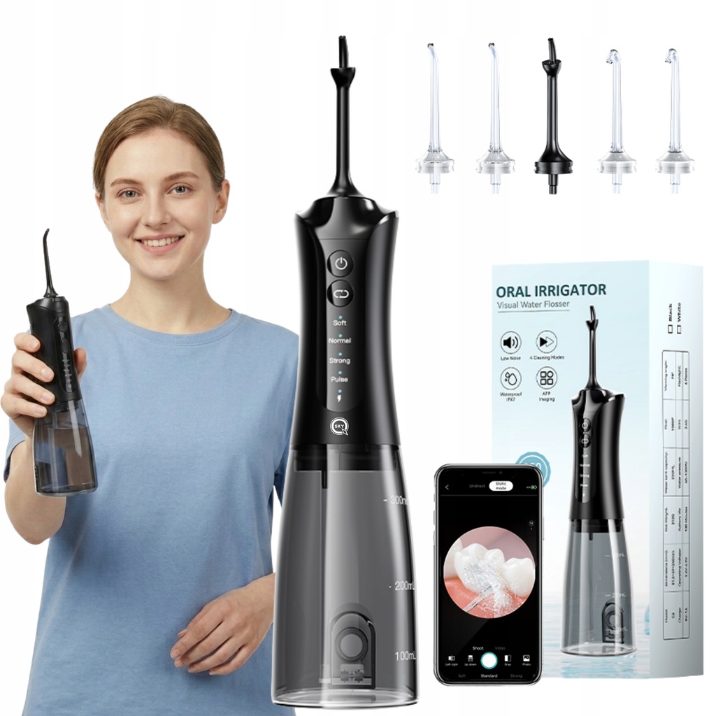 IRYGATOR DO ZĘBÓW PRZENOŚNY BEZPRZEWODOWY 5 KOŃCÓWEK Z APLIKACJĄ NA TELEFON